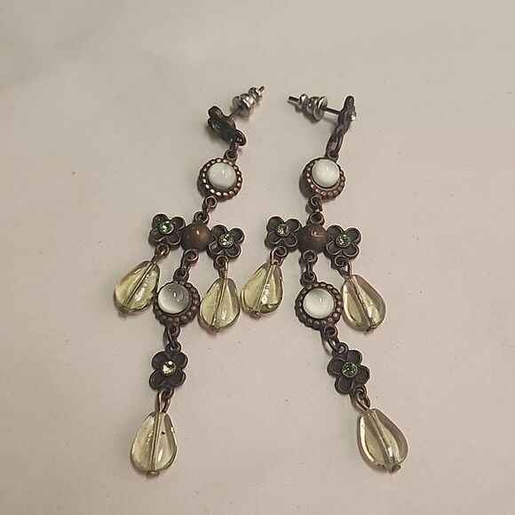 Gorgeous Chandelier Earrings Bronze Green Rhinestone Flower Dangle Drop Womens - Picture 1 of 4
